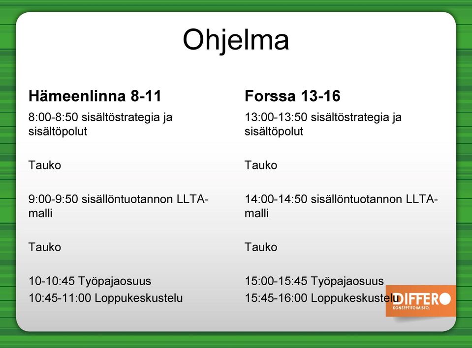 sisällöntuotannon LLTAmalli 14:00-14:50 sisällöntuotannon LLTAmalli Tauko Tauko