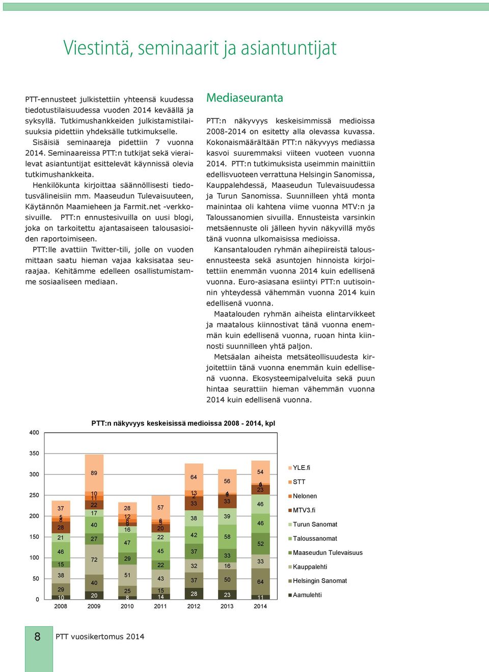 Seminaareissa PTT:n tutkijat sekä vierailevat asiantuntijat esittelevät käynnissä olevia tutkimushankkeita. Henkilökunta kirjoittaa säännöllisesti tiedotusvälineisiin mm.