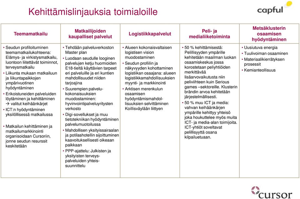 Erikoistuneiden palveluiden löytäminen ja kehittäminen valitut keihäänkärjet ICT:n hyödyntäminen yksilöllisessä matkailussa Matkailun kehittäminen ja matkailumarkkinointi organisoidaan Cursoriin,