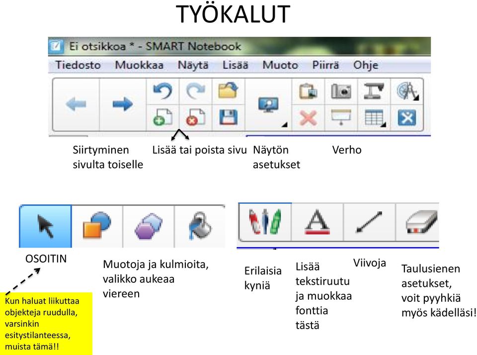 tämä!! Muotoja ja kulmioita, valikko aukeaa viereen Erilaisia kyniä Lisää Viivoja