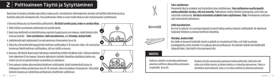 Tulen sytyttäminen Pienemmät tikut ja sytykkeet ovat ihanteellisia tulen sytyttämiseen. Tulen aloittaminen suurilla kepeillä saattaa pelkästään savuttaa, eikä syty kunnolla.