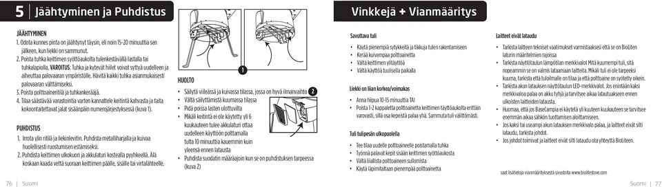 Poista polttoaineritilä ja tuhkankerääjä. 4. Tilaa säästävää varastointia varten kannattele keitintä kahvasta ja taita kokoontaitettavat jalat sisäänpäin numerojärjestyksessä (kuva 1). PUHDISTUS 1.