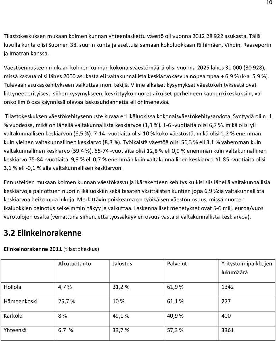 Väestöennusteen mukaan kolmen kunnan kokonaisväestömäärä olisi vuonna 2025 lähes 31 000 (30 928), missä kasvua olisi lähes 2000 asukasta eli valtakunnallista keskiarvokasvua nopeampaa + 6,9 % (k a