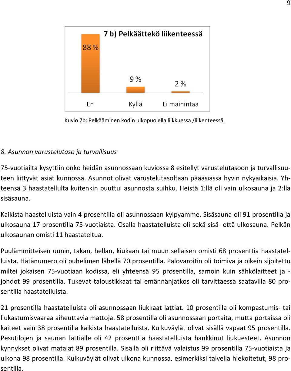 Asunnot olivat varustelutasoltaan pääasiassa hyvin nykyaikaisia. Yhteensä 3 haastatellulta kuitenkin puuttui asunnosta suihku. Heistä 1:llä oli vain ulkosauna ja 2:lla sisäsauna.