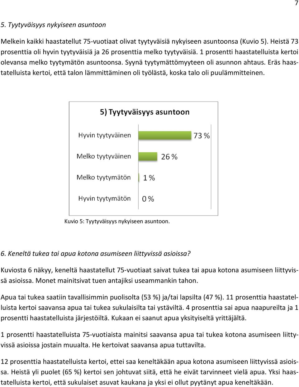 Eräs haastatelluista kertoi, että talon lämmittäminen oli työlästä, koska talo oli puulämmitteinen. Kuvio 5: Tyytyväisyys nykyiseen asuntoon. 6.