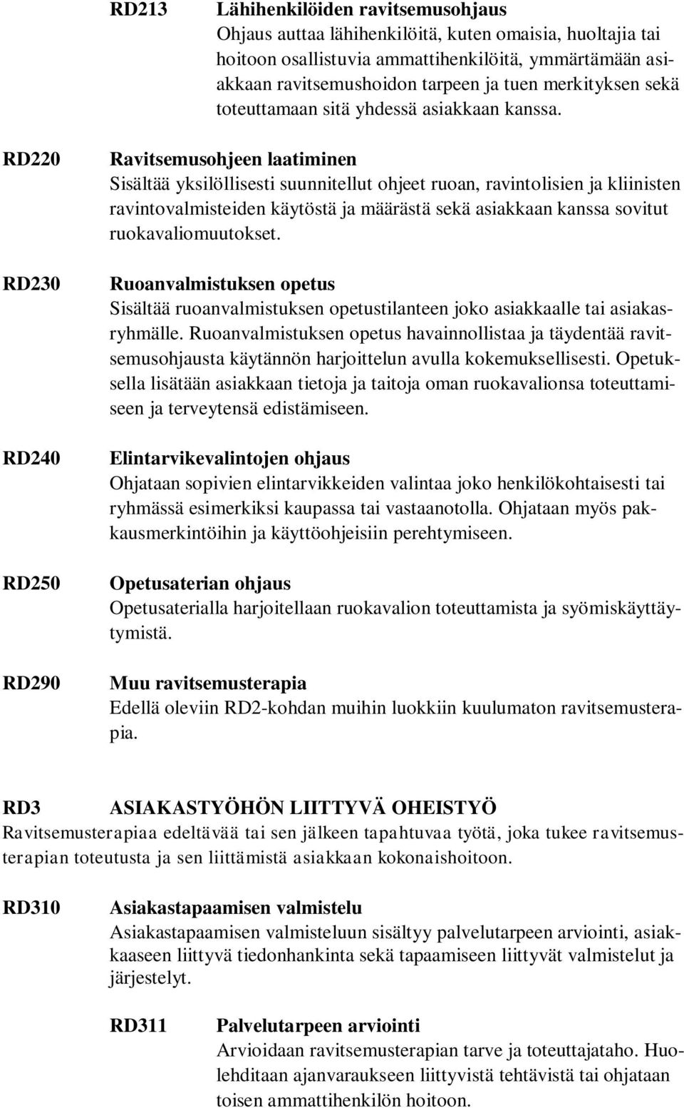 RD220 RD230 RD240 RD250 RD290 Ravitsemusohjeen laatiminen Sisältää yksilöllisesti suunnitellut ohjeet ruoan, ravintolisien ja kliinisten ravintovalmisteiden käytöstä ja määrästä sekä asiakkaan kanssa