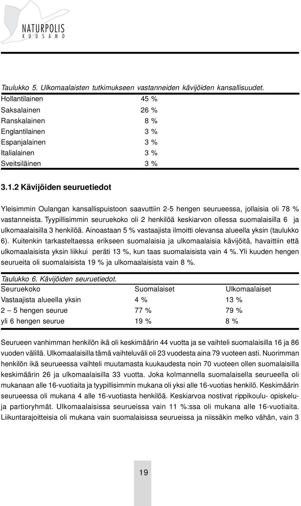 2 Kävijöiden seuruetiedot Yleisimmin Oulangan kansallispuistoon saavuttiin 2-5 hengen seurueessa, jollaisia oli 78 % vastanneista.