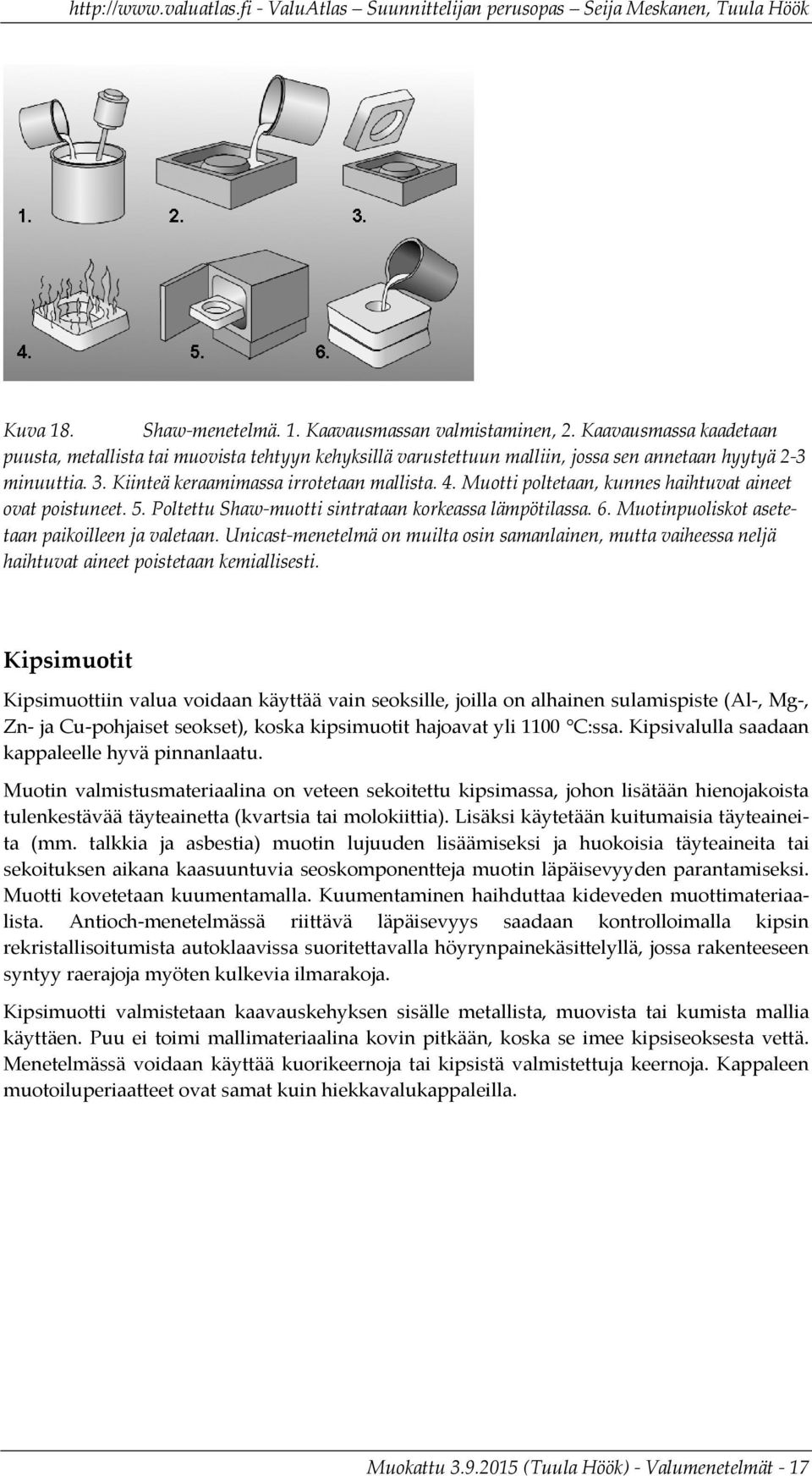 Muotinpuoliskot asetetaan paikoilleen ja valetaan. Unicast menetelmä on muilta osin samanlainen, mutta vaiheessa neljä haihtuvat aineet poistetaan kemiallisesti.