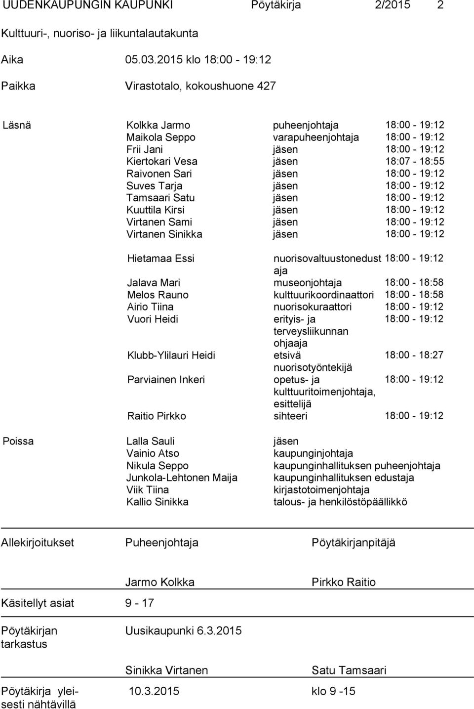 18:07-18:55 Raivonen Sari jäsen 18:00-19:12 Suves Tarja jäsen 18:00-19:12 Tamsaari Satu jäsen 18:00-19:12 Kuuttila Kirsi jäsen 18:00-19:12 Virtanen Sami jäsen 18:00-19:12 Virtanen Sinikka jäsen