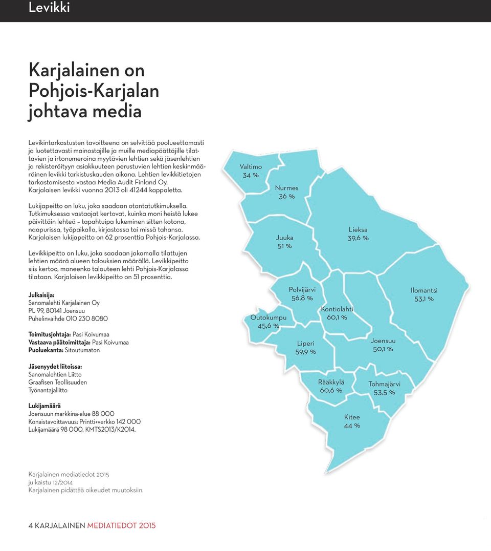 Lehtien levikkitietojen tarkastamisesta vastaa Media Audit Finland Oy. Karjalaisen levikki vuonna 2013 oli 41244 kappaletta. Lukijapeitto on luku, joka saadaan otantatutkimuksella.