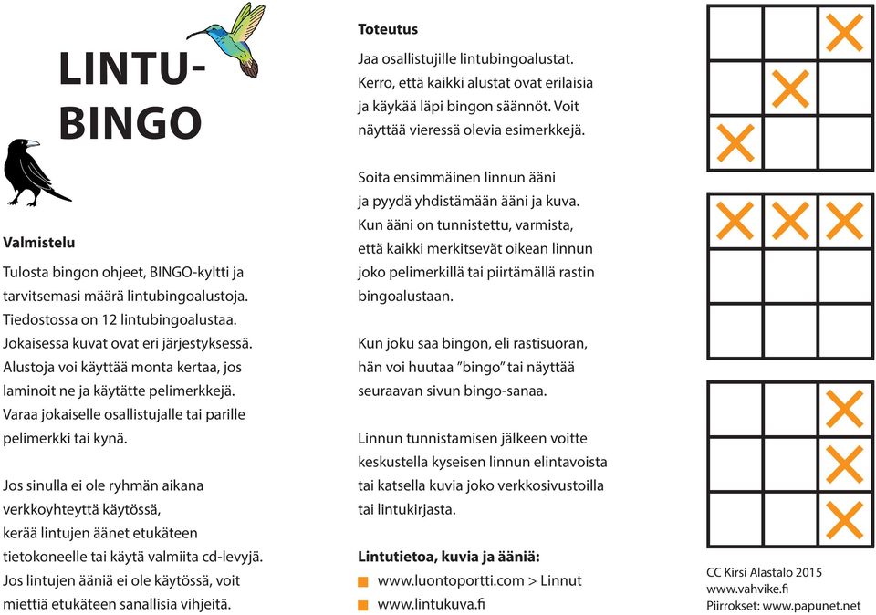 Jos sinulla ei ole ryhmän aikana verkkoyhteyttä käytössä, kerää lintujen äänet etukäteen tietokoneelle tai käytä valmiita cd-levyjä.