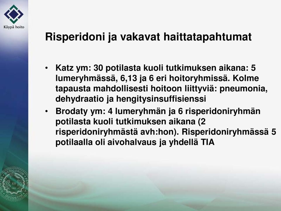 Kolme tapausta mahdollisesti hoitoon liittyviä: pneumonia, dehydraatio ja hengitysinsuffisienssi