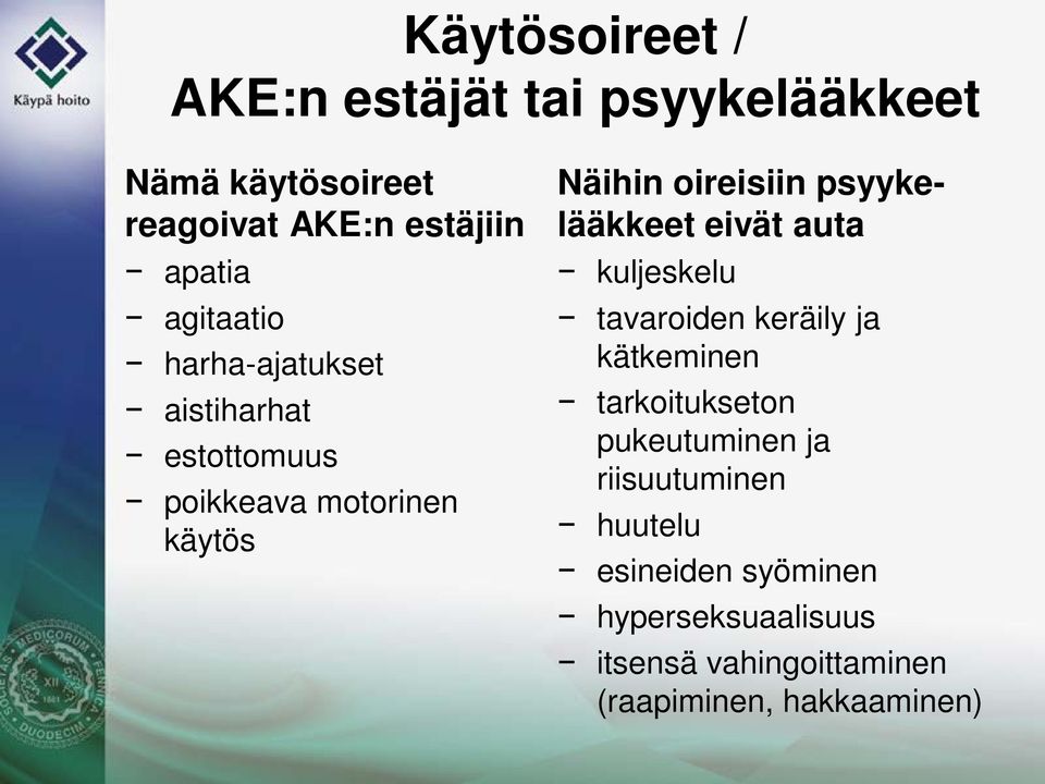 psyykelääkkeet eivät auta kuljeskelu tavaroiden keräily ja kätkeminen tarkoitukseton pukeutuminen ja