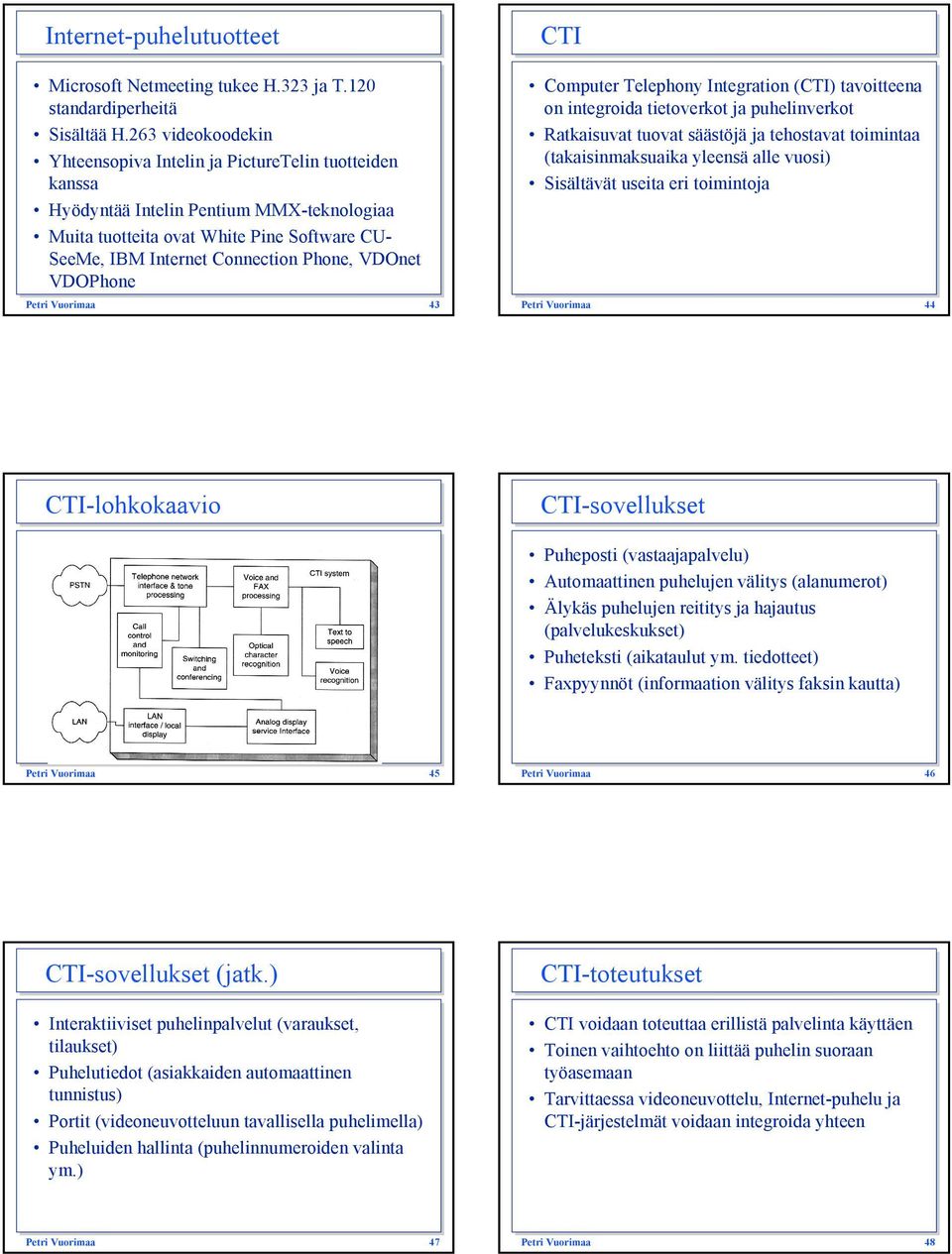 VDOnet VDOPhone Petri Vuorimaa 43 Computer Telephony Integration (CTI) tavoitteena on integroida tietoverkot ja puhelinverkot Ratkaisuvat tuovat säästöjä ja tehostavat toimintaa (takaisinmaksuaika