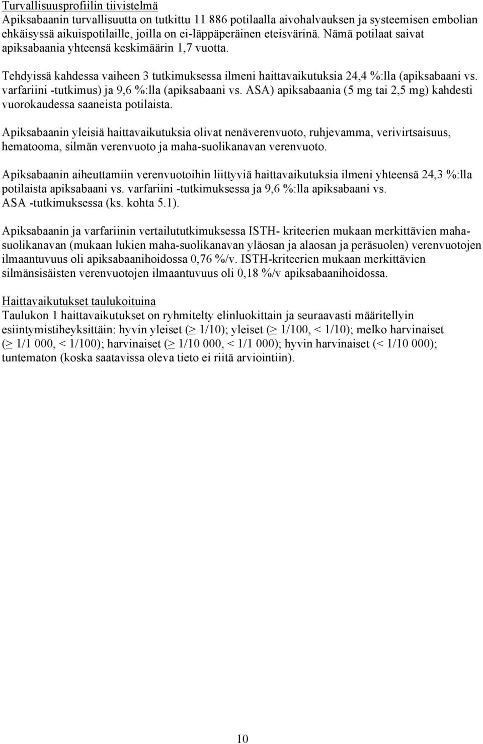 varfariini -tutkimus) ja 9,6 %:lla (apiksabaani vs. ASA) apiksabaania (5 mg tai 2,5 mg) kahdesti vuorokaudessa saaneista potilaista.