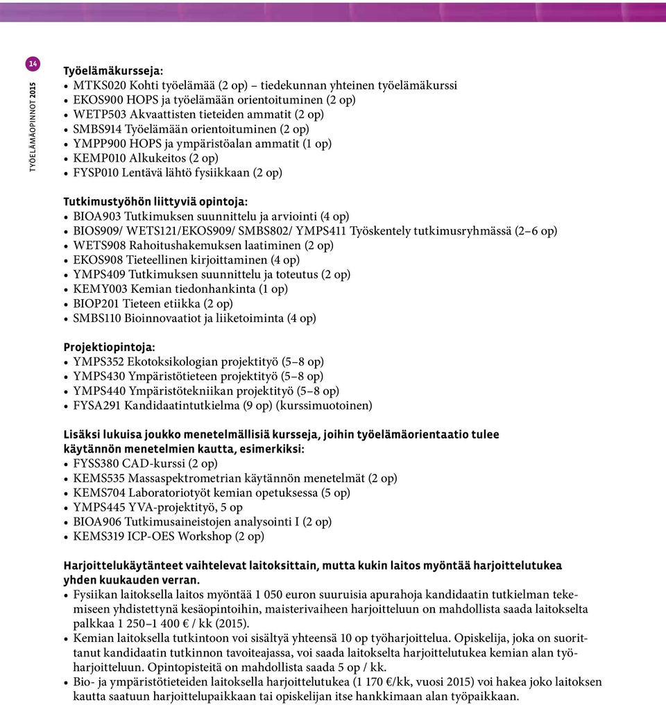 suunnittelu ja arviointi (4 op) BIOS909/ WETS121/EKOS909/ SMBS802/ YMPS411 Työskentely tutkimusryhmässä (2 6 op) WETS908 Rahoitushakemuksen laatiminen (2 op) EKOS908 Tieteellinen kirjoittaminen (4