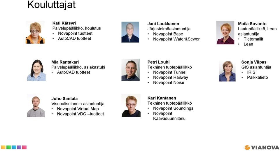 Petri Louhi Tekninen tuotepäällikkö Novapoint Tunnel Novapoint Railway Novapoint Noise Sonja Vilpas GIS asiantuntija IRIS Paikkatieto Juho Santala