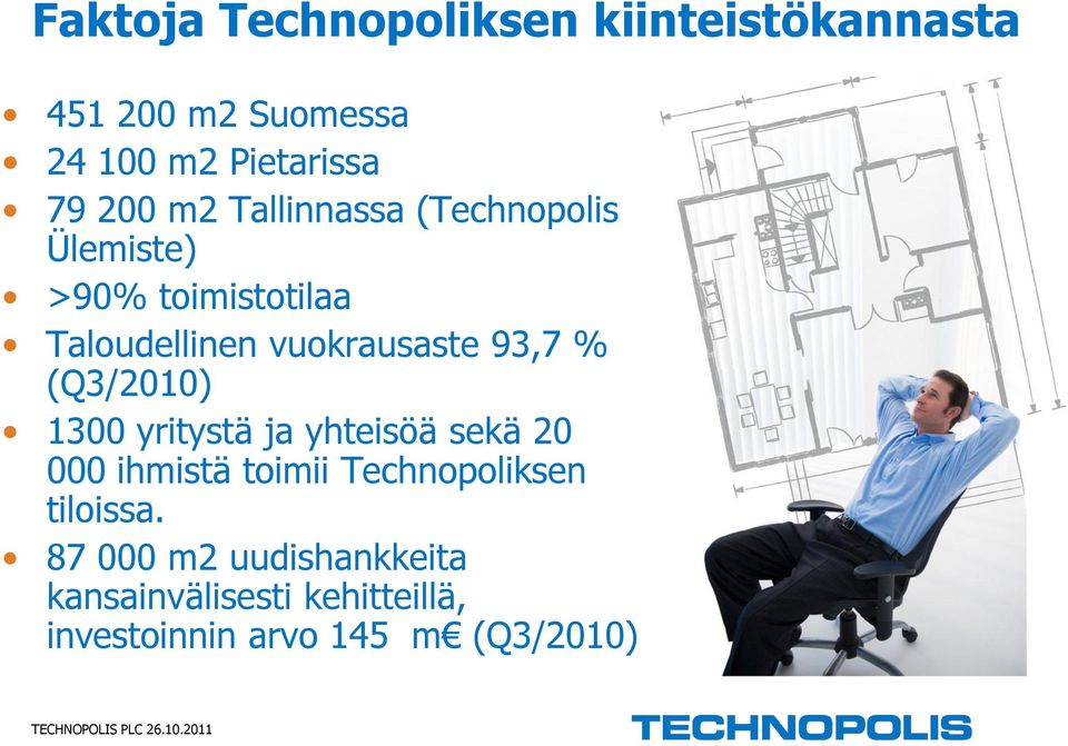 (Q3/2010) 1300 yritystä ja yhteisöä sekä 20 000 ihmistä toimii Technopoliksen tiloissa.