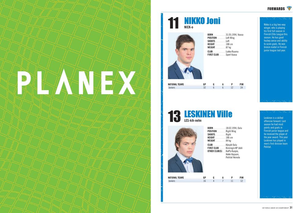 he won bronze medal in finnish junior league last year. Juniors...32 6 6 12 24 13 Leskinen ville Les-kih-nehn Born...18.02.1994, oulu PosiTion...right Wing shoots...right HeiGHT...186 cm WeiGHT.