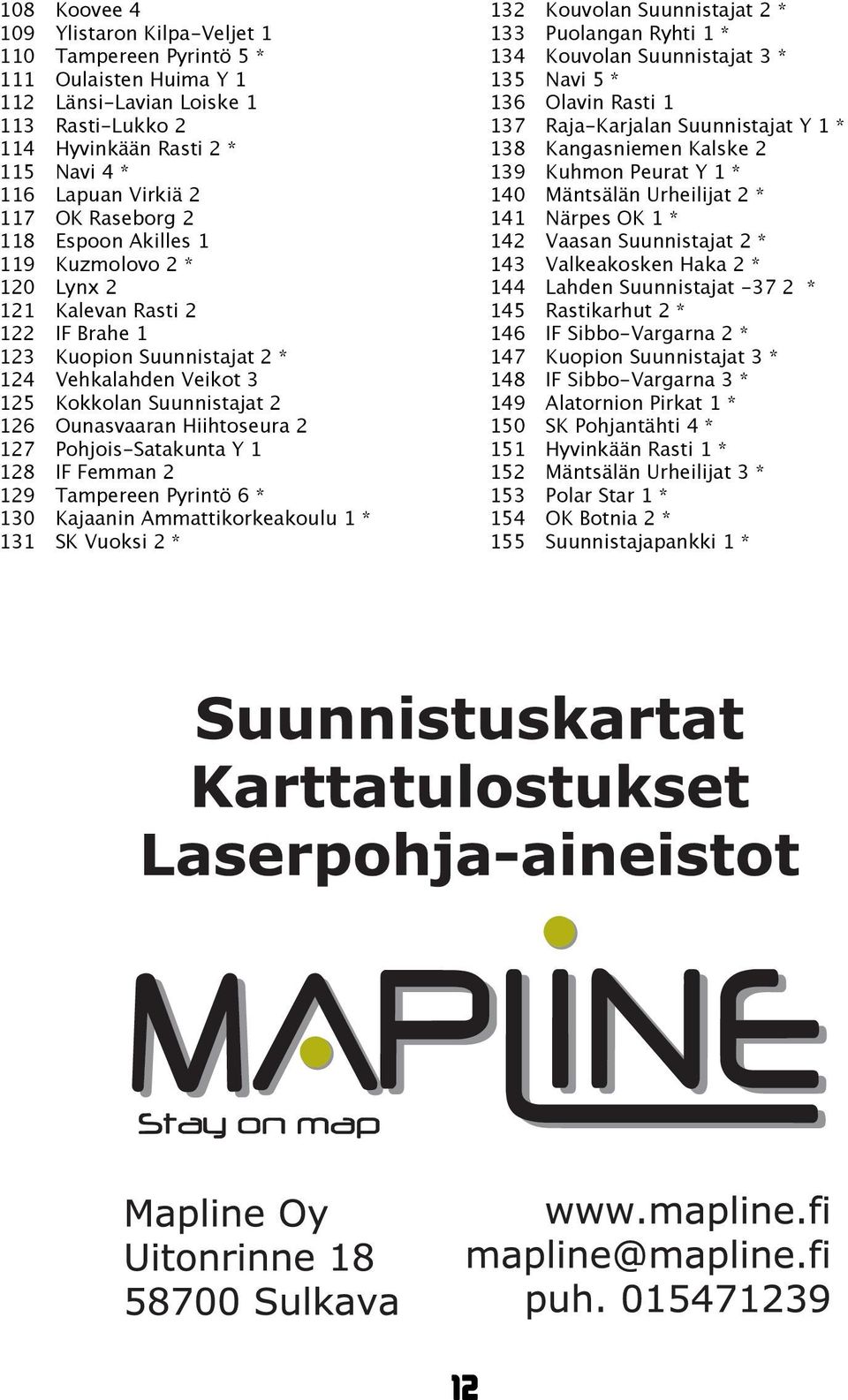 Hiihtoseura 2 127 Pohjois-Satakunta Y 1 128 IF Femman 2 129 Tampereen Pyrintö 6 * 130 Kajaanin Ammattikorkeakoulu 1 * 131 SK Vuoksi 2 * 132 Kouvolan Suunnistajat 2 * 133 Puolangan Ryhti 1 * 134