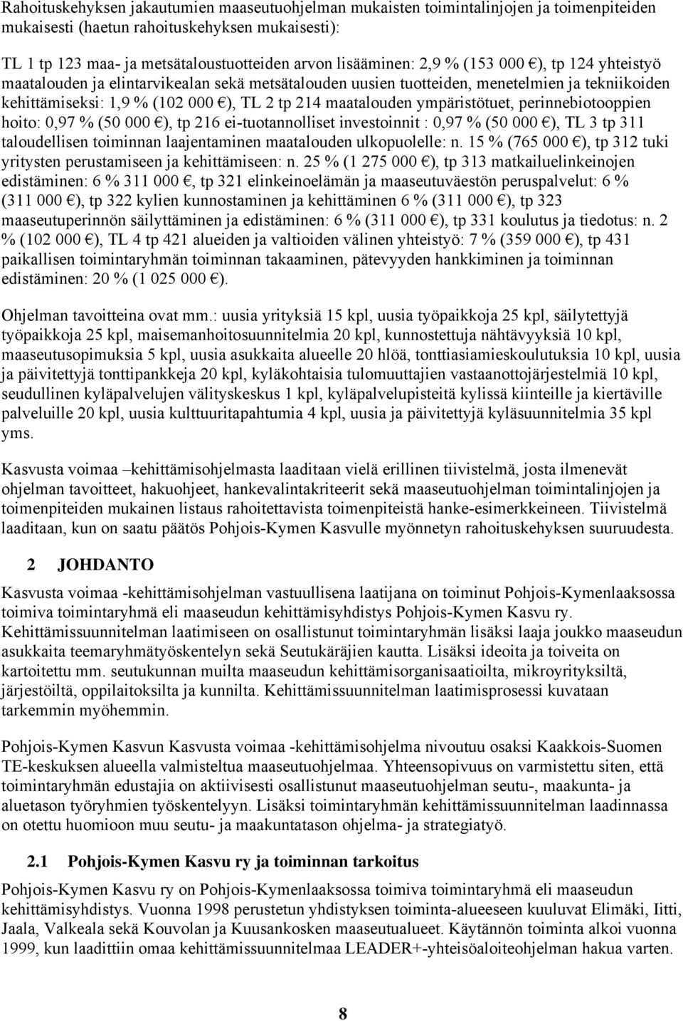 ympäristötuet, perinnebiotooppien hoito: 0,97 % (50 000 ), tp 216 ei-tuotannolliset investoinnit : 0,97 % (50 000 ), TL 3 tp 311 taloudellisen toiminnan laajentaminen maatalouden ulkopuolelle: n.