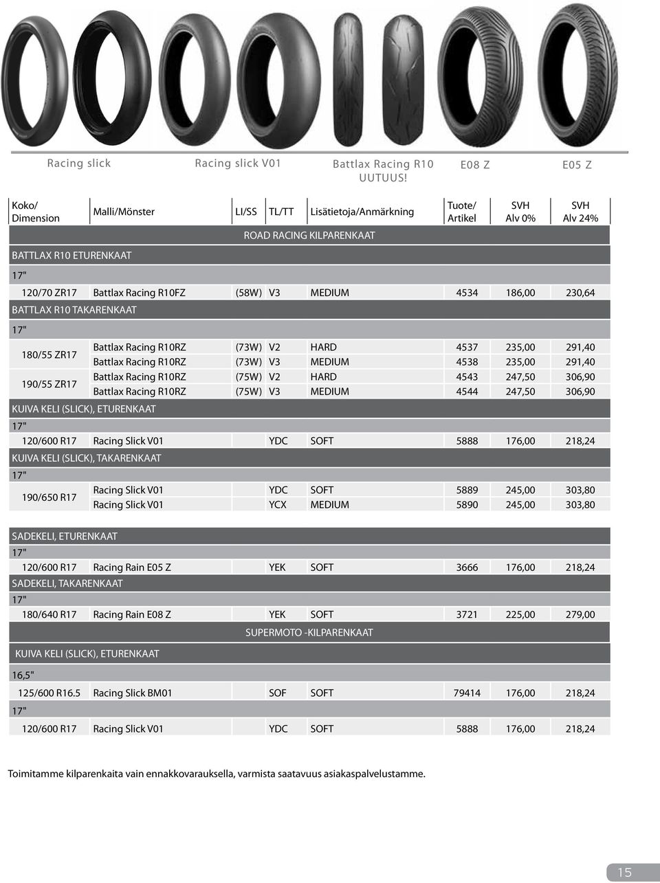 291,40 Battlax Racing R10RZ (73W) V3 MEDIUM 4538 235,00 291,40 190/55 ZR17 Battlax Racing R10RZ (75W) V2 HARD 4543 247,50 306,90 Battlax Racing R10RZ (75W) V3 MEDIUM 4544 247,50 306,90 KUIVA KELI