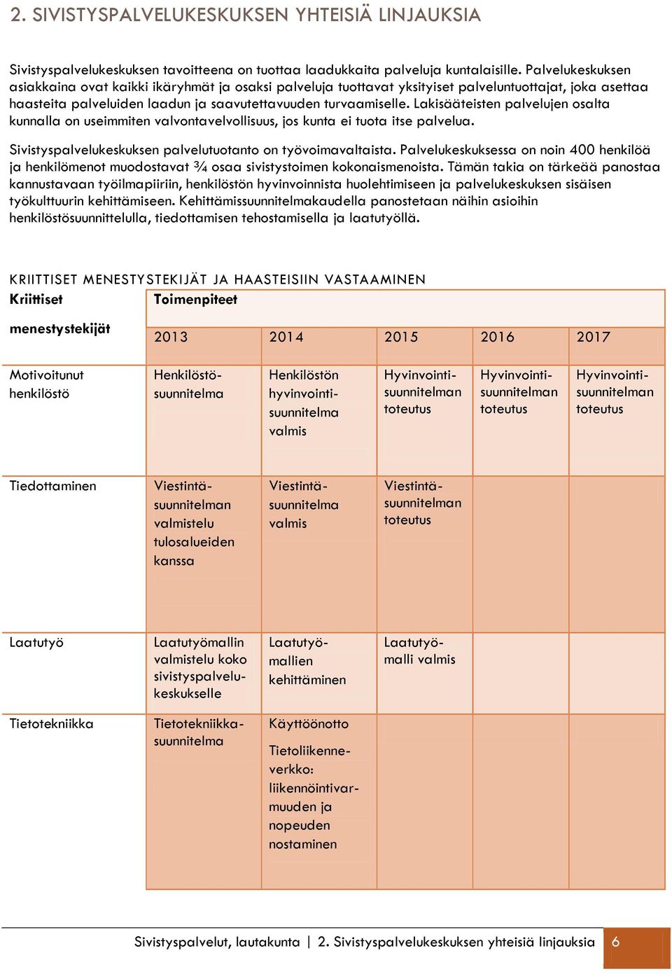 Lakisääteisten palvelujen osalta kunnalla on useimmiten valvontavelvollisuus, jos kunta ei tuota itse palvelua. Sivistyspalvelukeskuksen palvelutuotanto on työvoimavaltaista.