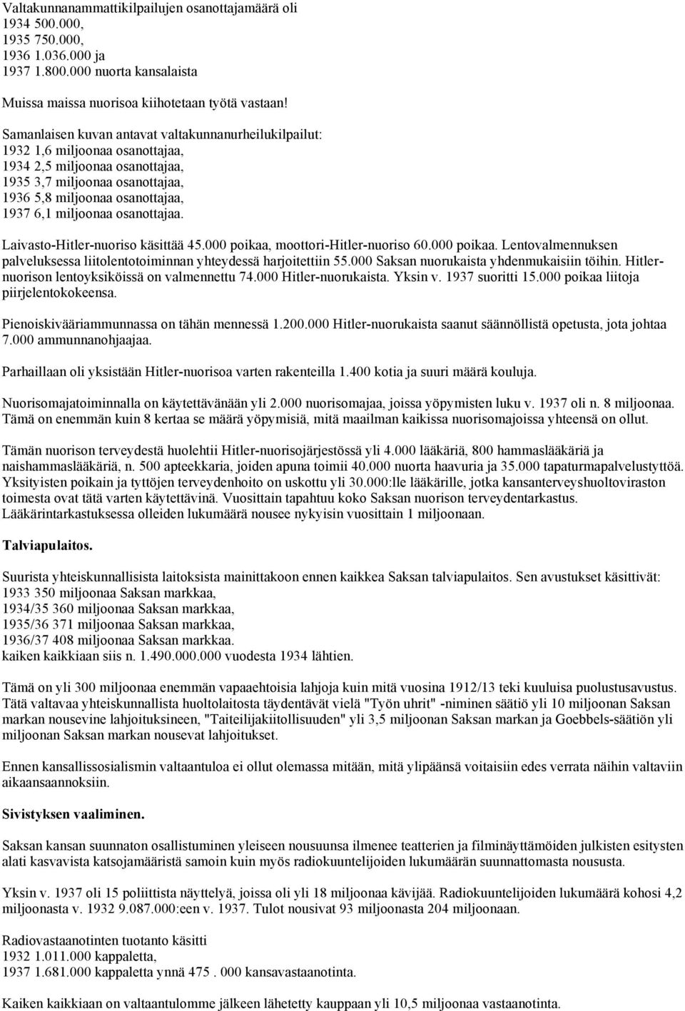 miljoonaa osanottajaa. Laivasto-Hitler-nuoriso käsittää 45.000 poikaa, moottori-hitler-nuoriso 60.000 poikaa. Lentovalmennuksen palveluksessa liitolentotoiminnan yhteydessä harjoitettiin 55.