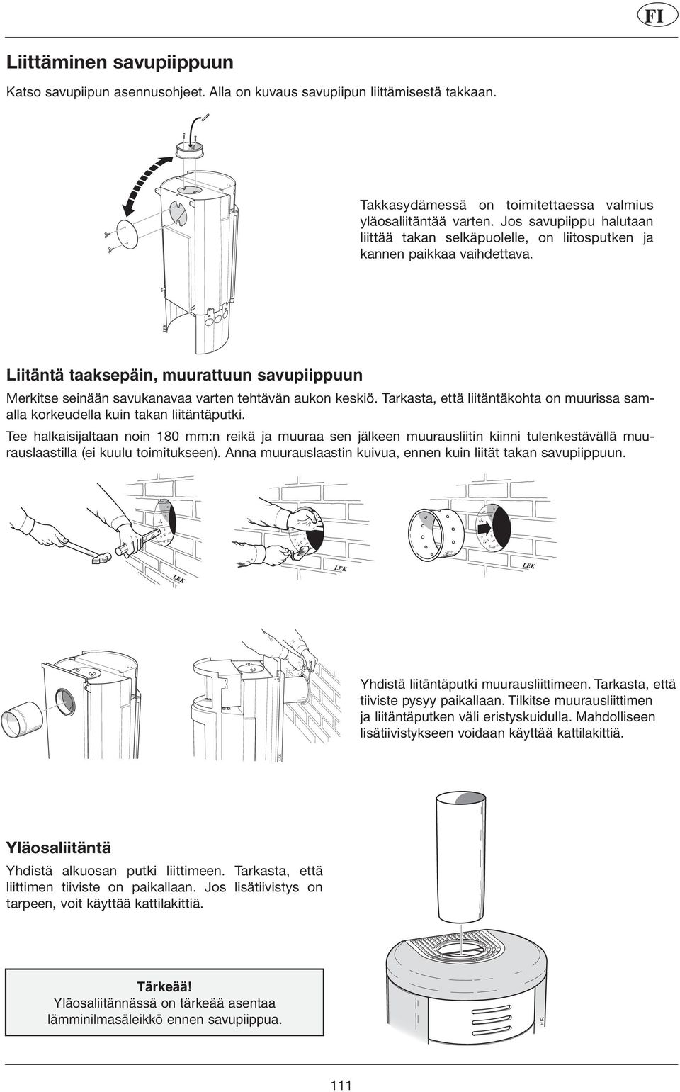 Liitäntä taaksepäin, muurattuun savupiippuun Merkitse seinään savukanavaa varten tehtävän aukon keskiö. Tarkasta, että liitäntäkohta on muurissa samalla korkeudella kuin takan liitäntäputki.