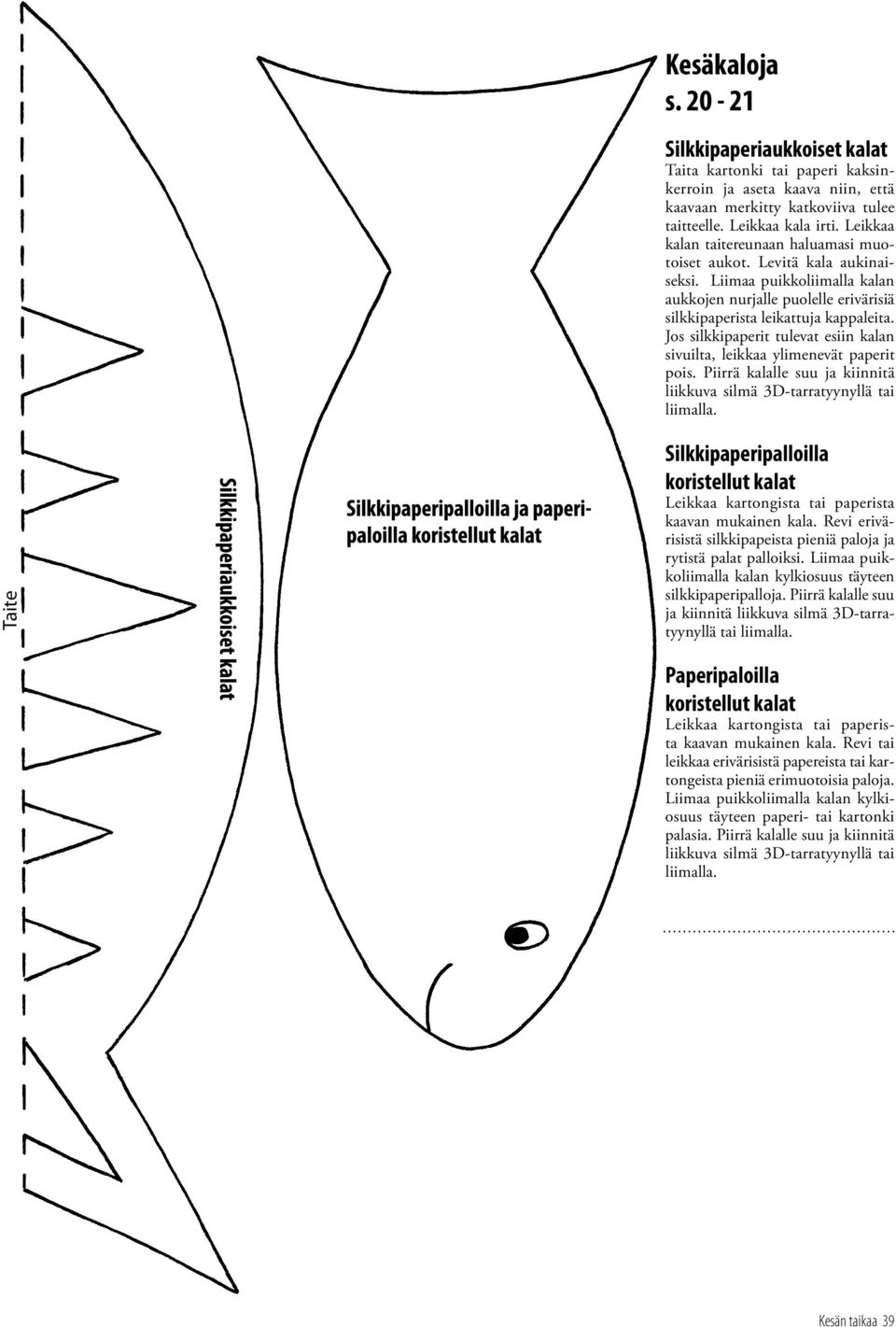 Jos silkkipaperit tulevat esiin kalan sivuilta, leikkaa ylimenevät paperit pois. Piirrä kalalle suu ja kiinnitä liikkuva silmä 3D-tarratyynyllä tai liimalla.