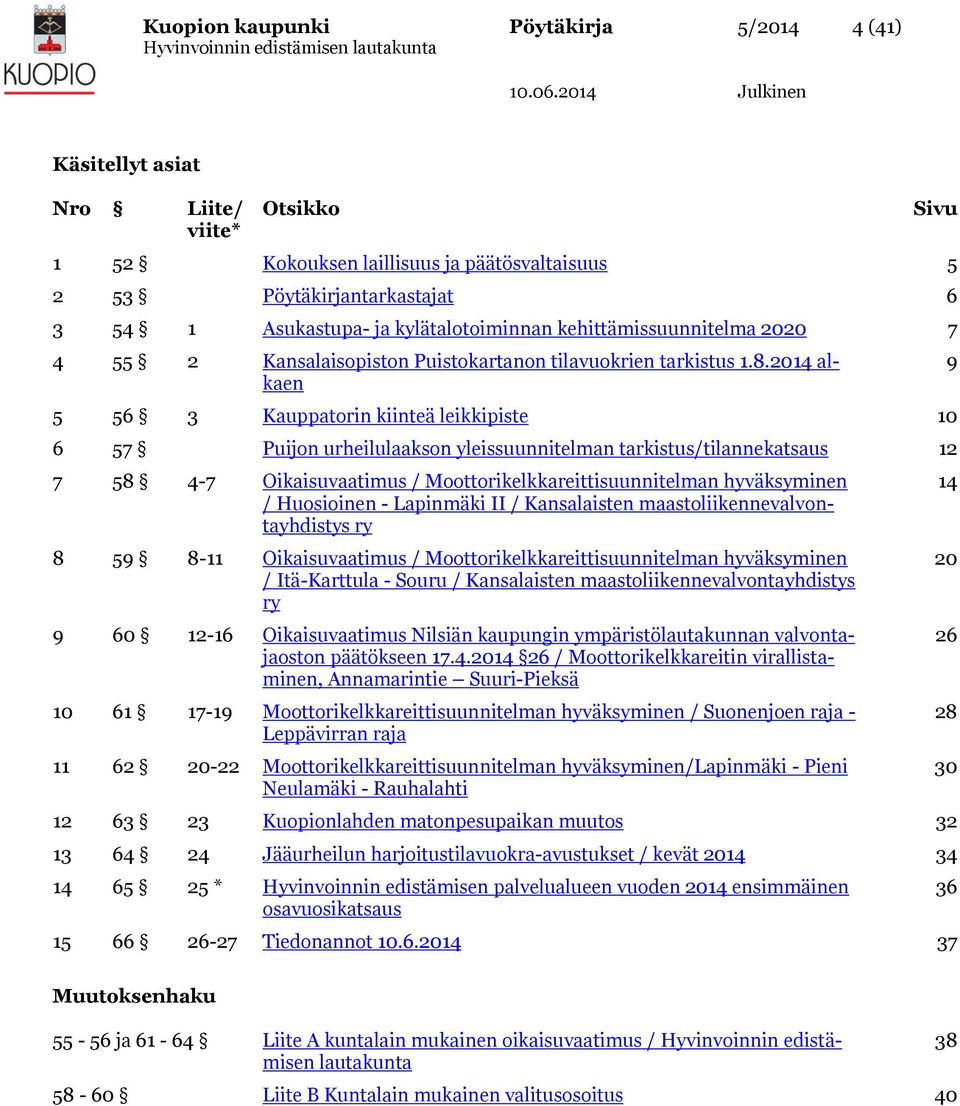 2014 alkaen 5 56 3 Kauppatorin kiinteä leikkipiste 10 6 57 Puijon urheilulaakson yleissuunnitelman tarkistus/tilannekatsaus 12 7 58 4-7 Oikaisuvaatimus / Moottorikelkkareittisuunnitelman hyväksyminen