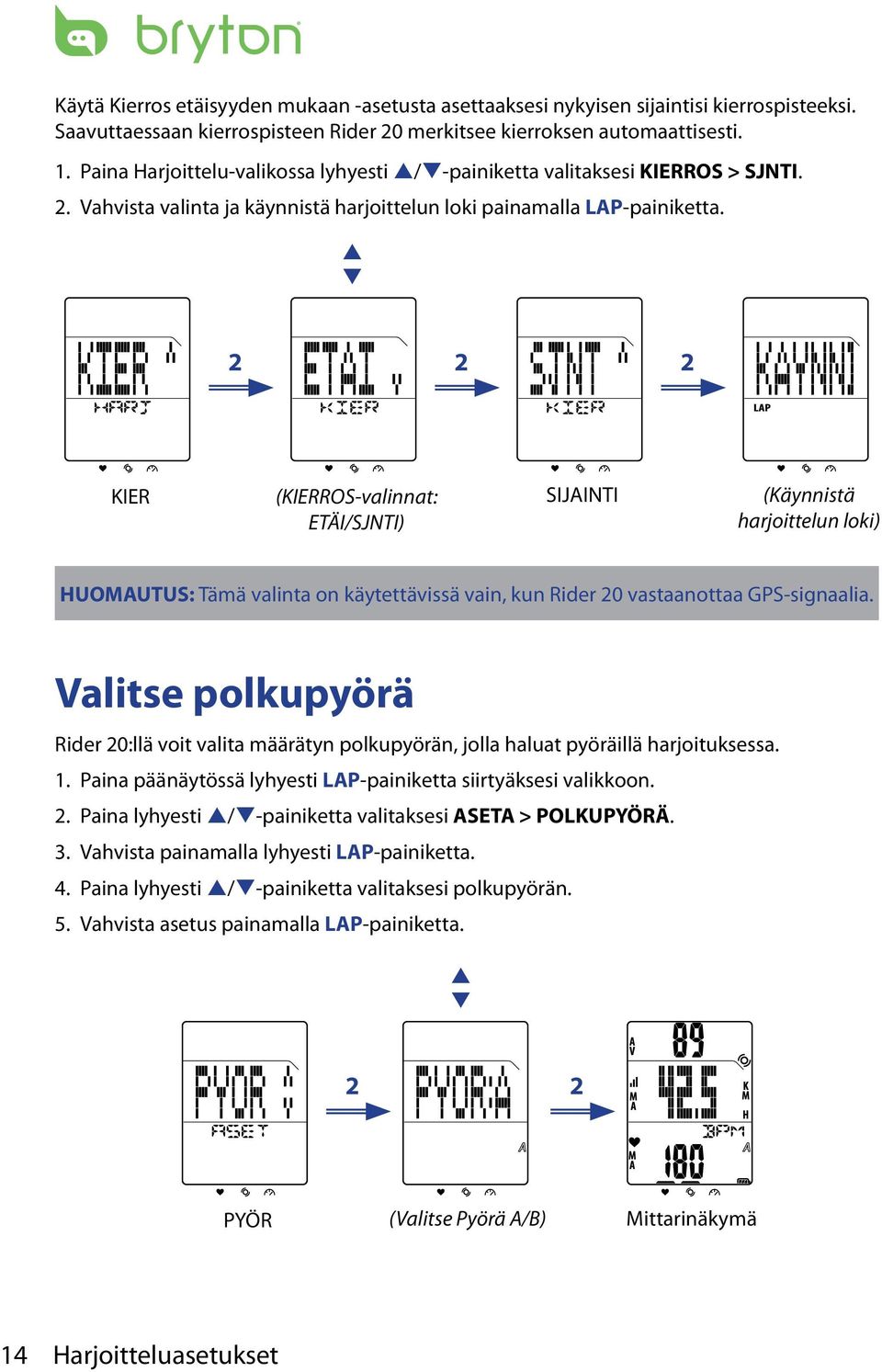 KIER (KIERROS-valinnat: SIJAINTI (Käynnistä ETÄI/SJNTI) harjoittelun loki) HUOMAUTUS: Tämä valinta on käytettävissä vain, kun Rider 0 vastaanottaa GPS-signaalia.