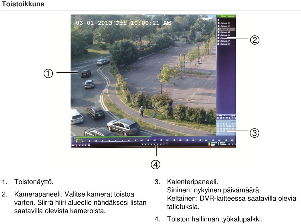 Siirrä hiiri alueelle nähdäksesi listan saatavilla olevista kameroista. 3.