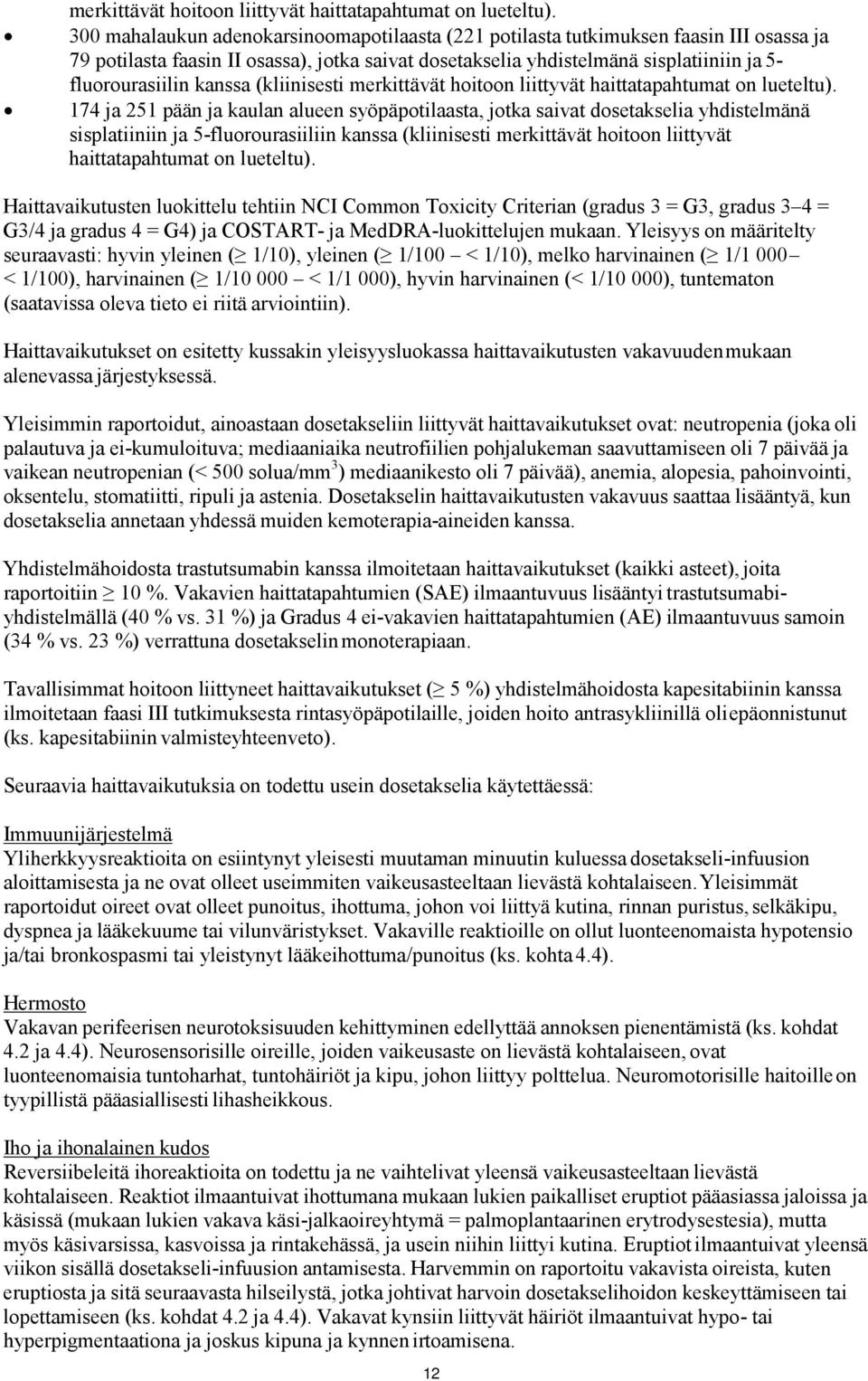 kanssa (kliinisesti  174 ja 251 pään ja kaulan alueen syöpäpotilaasta, jotka saivat dosetakselia yhdistelmänä sisplatiiniin ja 5-fluorourasiiliin kanssa (kliinisesti  Haittavaikutusten luokittelu