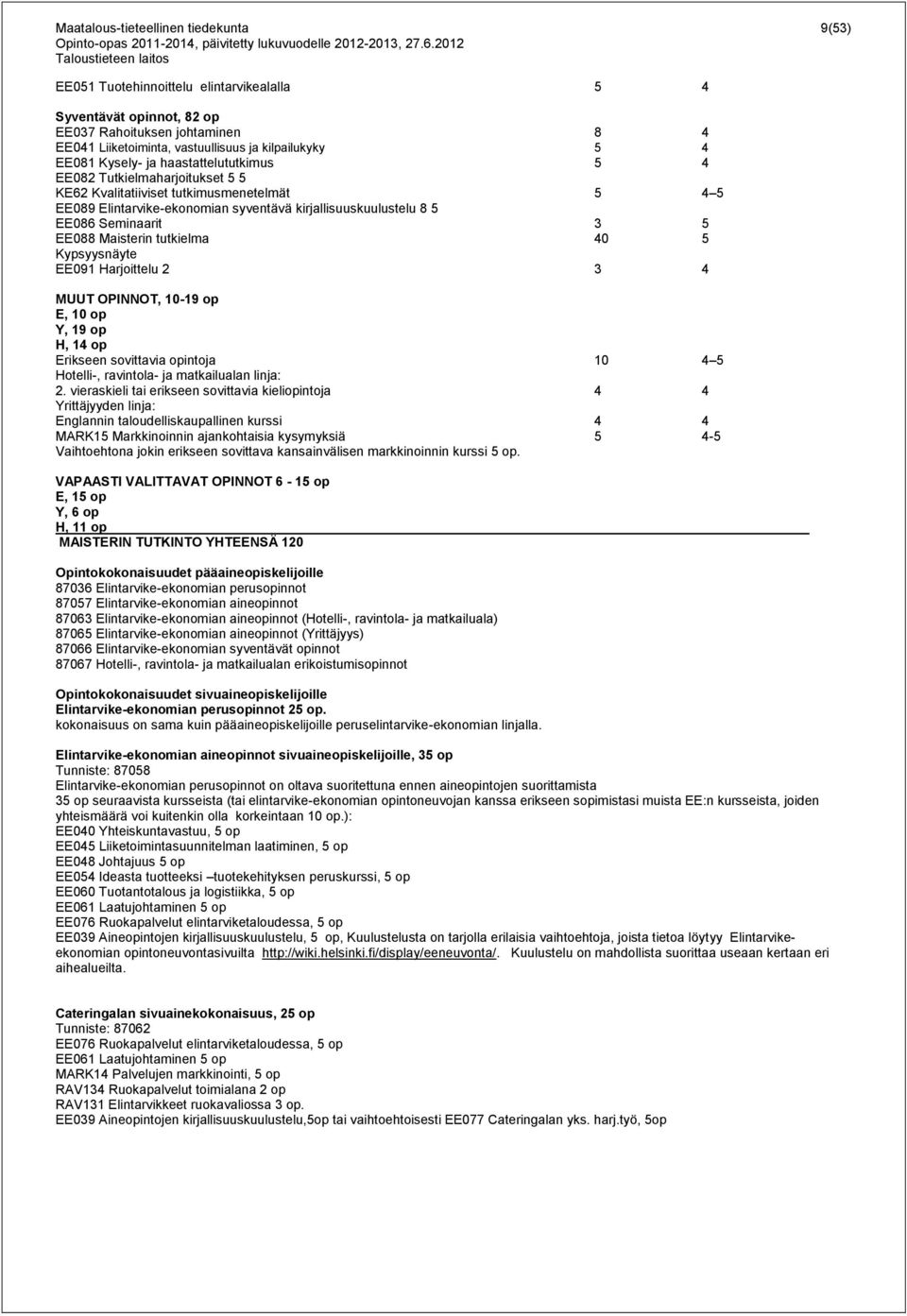 Seminaarit 3 5 EE088 Maisterin tutkielma 40 5 Kypsyysnäyte EE091 Harjoittelu 2 3 4 MUUT OPINNOT, 10-19 op E, 10 op Y, 19 op H, 14 op Erikseen sovittavia opintoja 10 4 5 Hotelli-, ravintola- ja