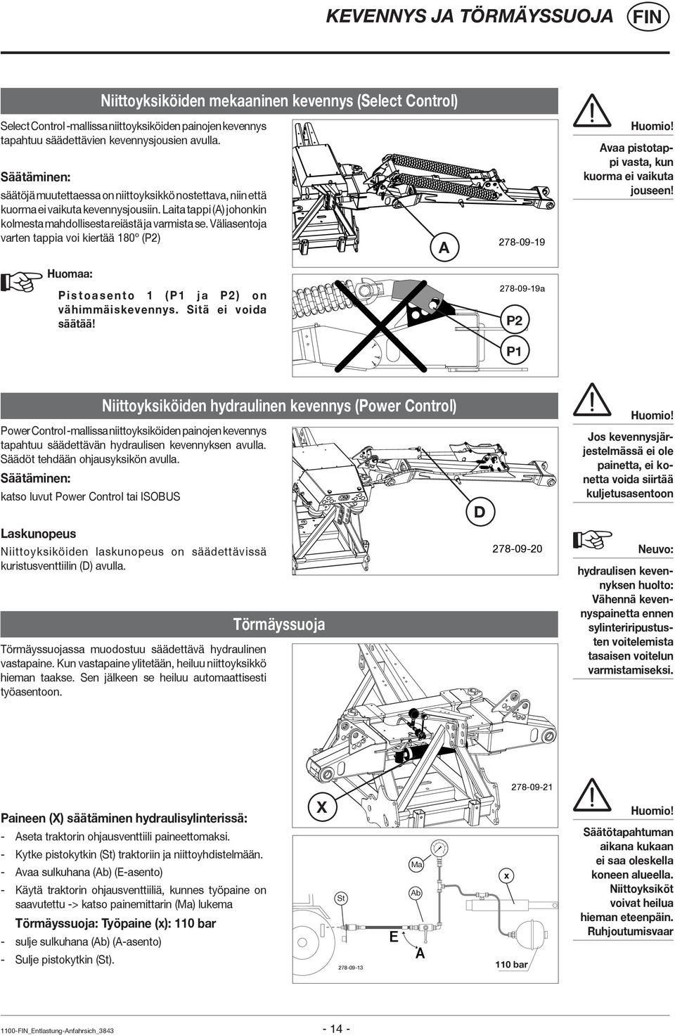 Väliasentoja varten tappia voi kiertää 180º (P2) A 278-09-19 Huomio! Avaa pistotappi vasta, kun kuorma ei vaikuta jouseen! Huomaa: Pistoasento 1 (P1 ja P2) on vähimmäiskevennys. Sitä ei voida säätää!