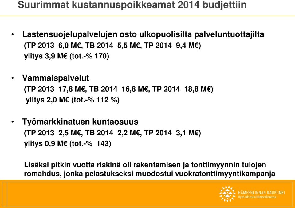 -% 170) Vammaispalvelut (TP 013 17,8 M, TB 014 16,8 M, TP 014 18,8 M ) ylitys,0 M (tot.