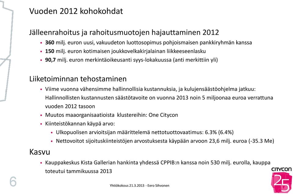 euron merkintäoikeusanti syys-lokakuussa (anti merkittiin yli) Liiketoiminnan tehostaminen Viime vuonna vähensimme hallinnollisia kustannuksia, ja kulujensäästöohjelma jatkuu: Hallinnollisten