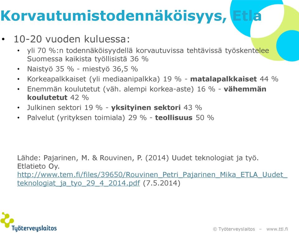 alempi korkea-aste) 16 % - vähemmän koulutetut 42 % Julkinen sektori 19 % - yksityinen sektori 43 % Palvelut (yrityksen toimiala) 29 % - teollisuus 50 %