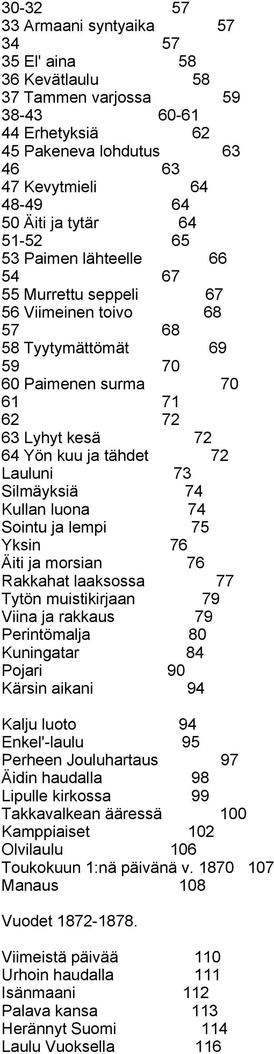 Silmäyksiä 74 Kullan luona 74 Sointu ja lempi 75 Yksin 76 Äiti ja morsian 76 Rakkahat laaksossa 77 Tytön muistikirjaan 79 Viina ja rakkaus 79 Perintömalja 80 Kuningatar 84 Pojari 90 Kärsin aikani 94