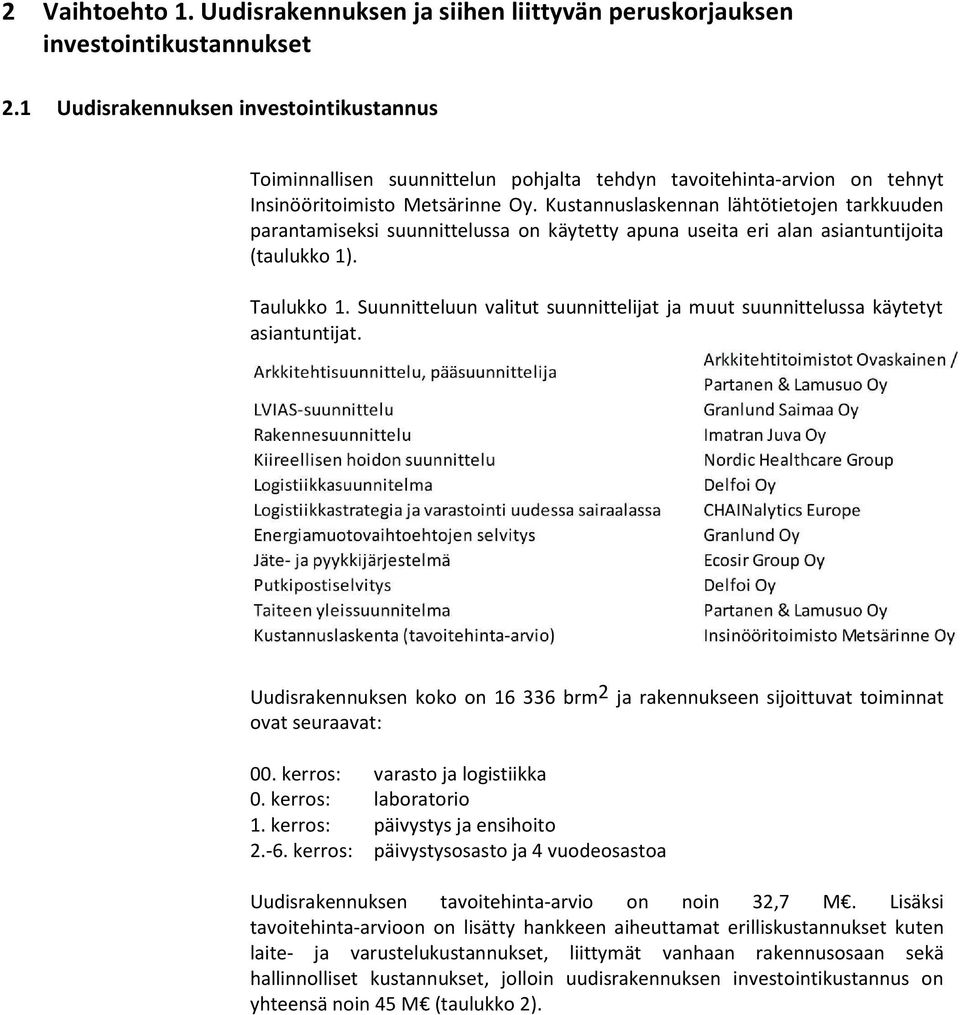 Kustannuslaskennan lähtötietojen tarkkuuden parantamiseksi suunnittelussa on käytetty apuna useita eri alan asiantuntijoita (taulukko 1). Taulukko 1.