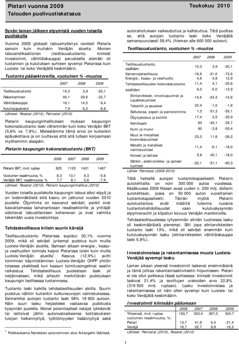 Monien talousindikaattorien (teollisuustuotanto, kiinteät investoinnit, vähittäiskauppa) perusteella alamäki oli tuotannon ja kulutuksen suhteen syvempi Pietarissa kuin Luoteis- tai koko Venäjällä