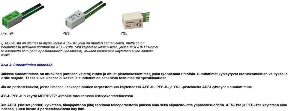 Kuva 3: Suodattimien ulkonäkö Kaikissa suodattimissa on muovinen (umpeen valettu) runko ja ohuet pistokekoskettimet, jotka työnnetään rimoihin.