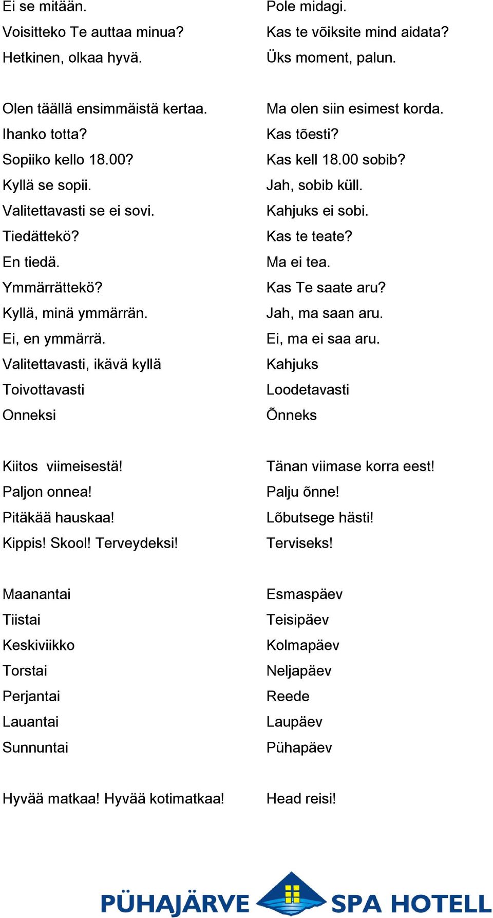 Kas tõesti? Kas kell 18.00 sobib? Jah, sobib küll. Kahjuks ei sobi. Kas te teate? Ma ei tea. Kas Te saate aru? Jah, ma saan aru. Ei, ma ei saa aru. Kahjuks Loodetavasti Õnneks Kiitos viimeisestä!