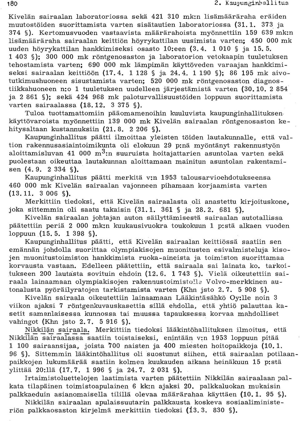 5. 1 403 ); 300 000 mk röntgenosaston ja laboratorion vetokaapin tuuletuksen tehostamista varten; 690 000 mk lämpimän käyttöveden varaajan hankkimiseksi sairaalan keittiöön (17.4. 1 128 ja 24.4. 1 190 ); 86 195 mk aivotutkimushuoneen sisustamista varten; 520 000 mk röntgenosaston diagnostiikkahuoneen n:o 1 tuuletuksen uudelleen järjestämistä varten (30.