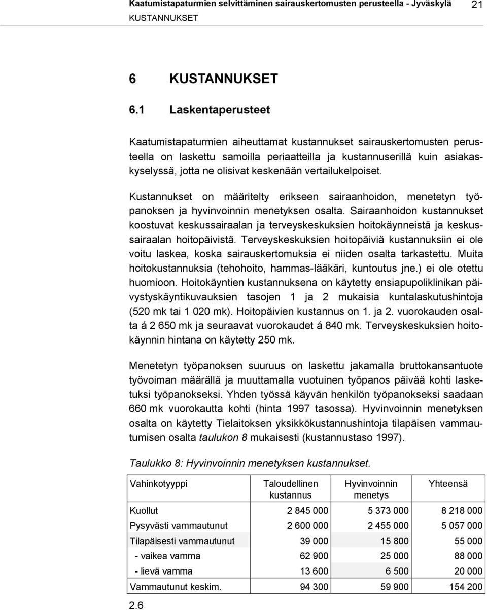 keskenään vertailukelpoiset. Kustannukset on määritelty erikseen sairaanhoidon, menetetyn työpanoksen ja hyvinvoinnin menetyksen osalta.