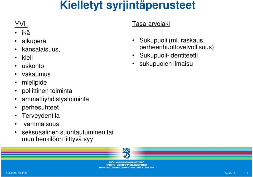 seksuaalinen suuntautuminen tai muu henkilöön liittyvä syy Tasa-arvolaki Sukupuoli (ml.