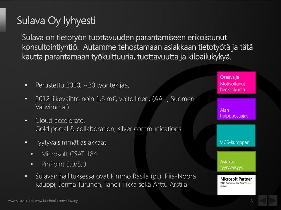 Perustettu 2010, ~20 työntekijää, 2012 liikevaihto noin 1,6 m, voitollinen, (AA+, Suomen Vahvimmat) Cloud accelerate, Gold portal & collaboration, silver communications