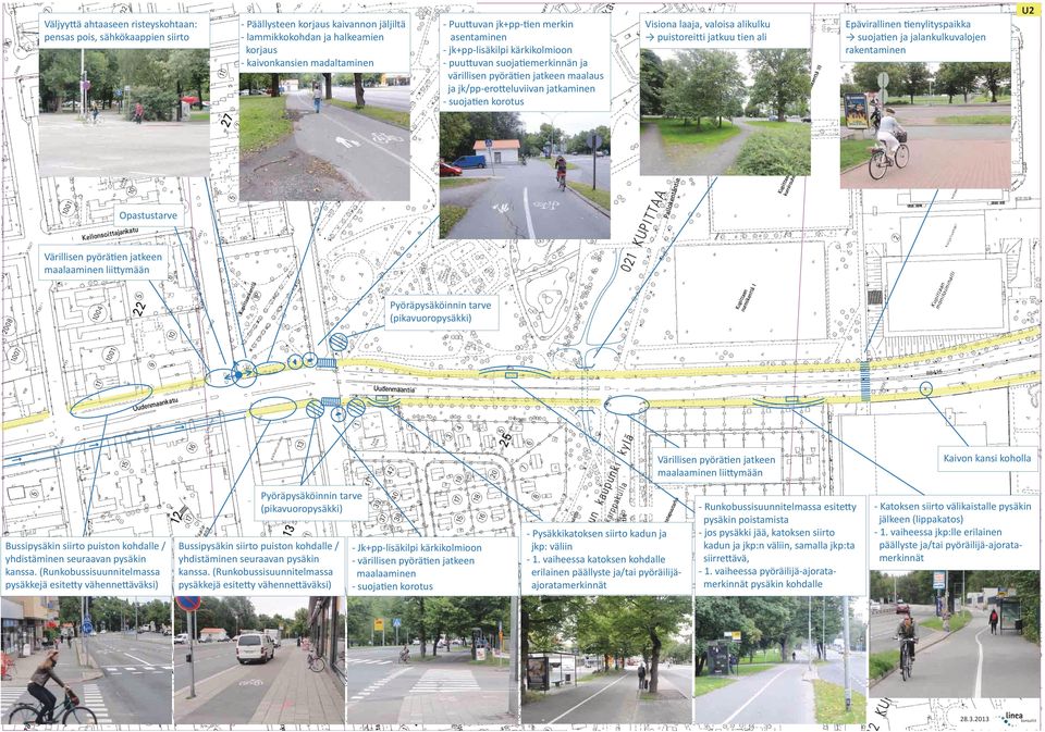 laaja, valoisa alikulku puistoreitti jatkuu tien ali Epävirallinen tienylityspaikka suojatien ja jalankulkuvalojen rakentaminen Opastustarve Värillisen pyörätien jatkeen maalaaminen liittymään