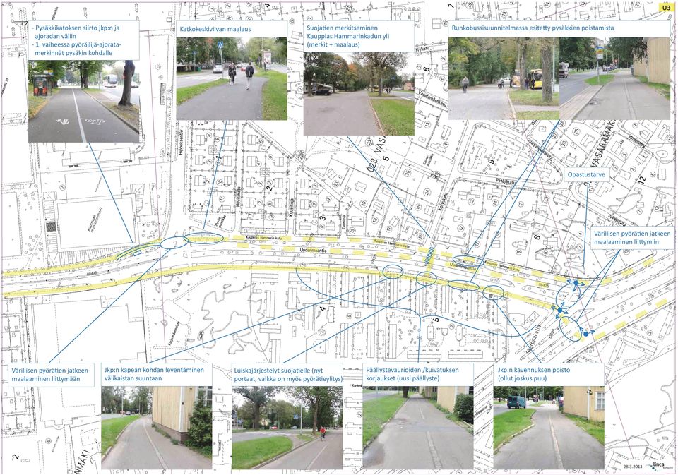 Runkobussisuunnitelmassa esitetty pysäkkien poistamista Opastustarve Värillisen pyörätien jatkeen maalaaminen liittymiin Värillisen pyörätien jatkeen